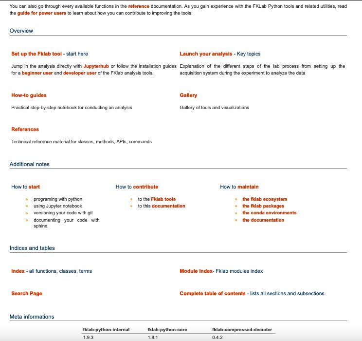 Home page of the Kloosterman lab documentation, with sections Set up the fklab tools, Launch your analysis, How-to guides, Gallery, References, and notes on how to start, contribute and maintain.