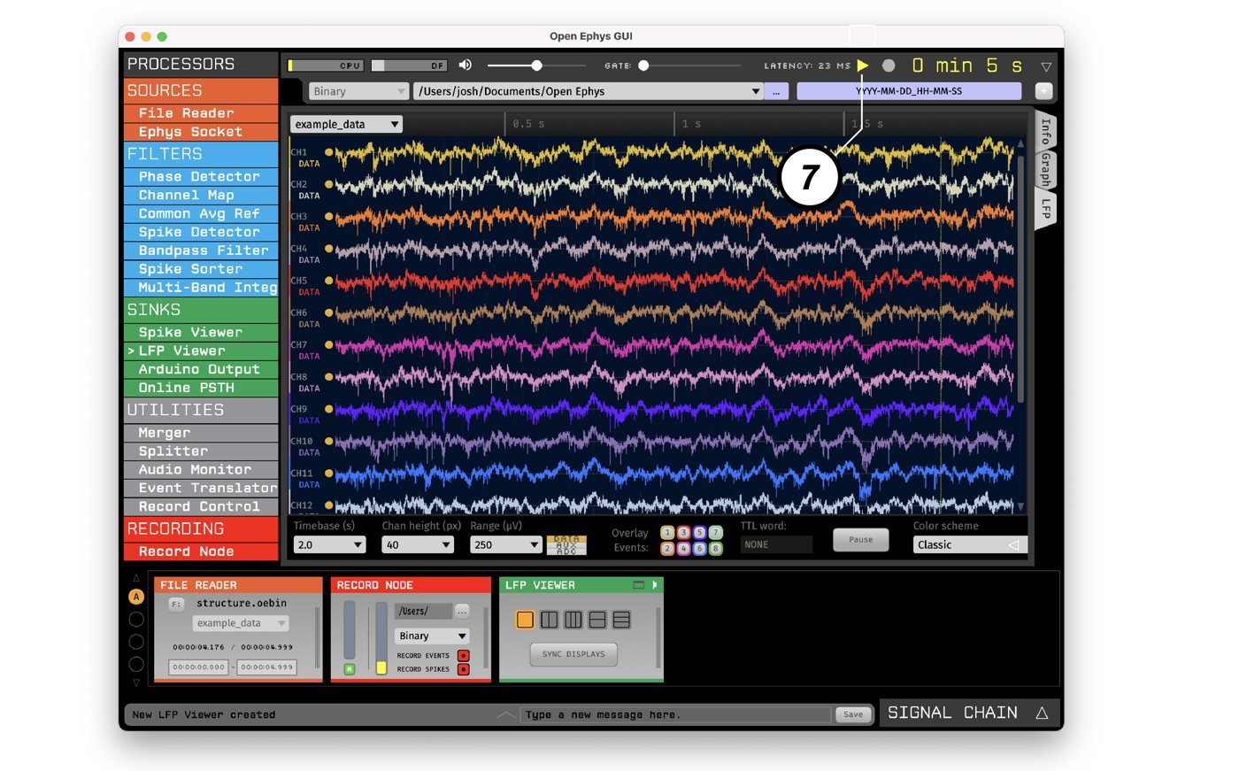 Screenshot of the Open Ephys graphical interface: the list of processors on the left, multichannel signals in the centre, and the signal chain at the bottom.
